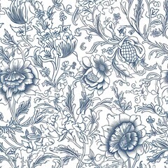 Canvas Print - AI generated illustration of a vibrant floral pattern with blue flowers on a white background