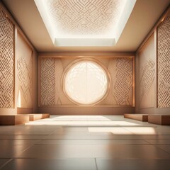 Wall Mural - A round window in a wooden frame featuring intricate geometric patterns in a room interior