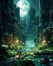 An Image Of A Dark City With A Lot Of Trees