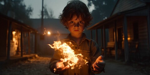 Wall Mural - ai generated illustration of a young boy in a rural landscape at night with flames near hands