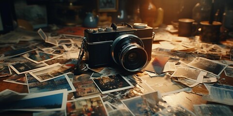 Sticker - Vintage camera and a collection of photographs in a sunlit area on a wooden table, AI-generated.