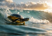 Adorable Orange Sea Turtle Surfing At Sunset