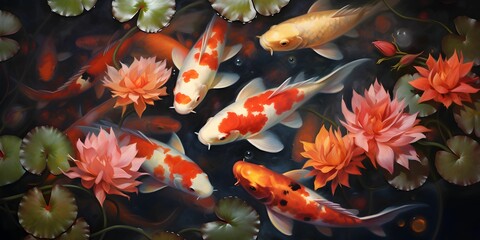 Poster - AI generated illustration of a vibrant fish swimming in a pond