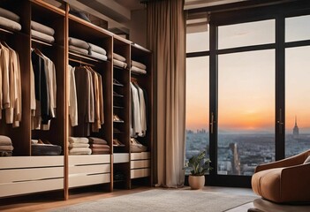 Canvas Print - Modern walk-in closet with neutral decor, AI-generated.