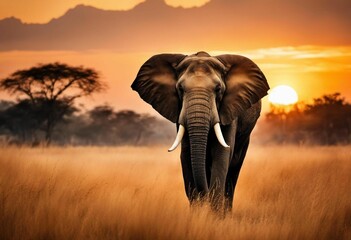 Poster - AI generated illustration of a majestic elephant in the tall grass at sunset