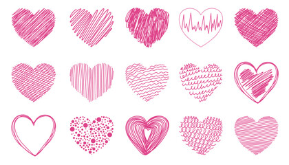 Pink heart set. Collection of heart icon hand drawn vector for love logo, heart symbol, doodle icon, greeting card and Valentine's day. Painted grunge vector shape