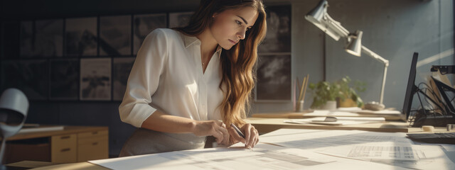 Wall Mural - Construction concept of female engineer or architect working making blueprint in office.