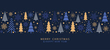 Festive Design Merry Christmas And Happy New Year With Christmas Trees And Beautiful Snowflakes In A Modern Style On A Blue Background. Winter Forest With Falling Snow. Vector Illustration.