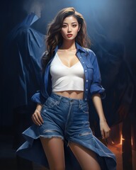 Wall Mural - Korean Woman posing in Jean Skirt with Denim in blue background