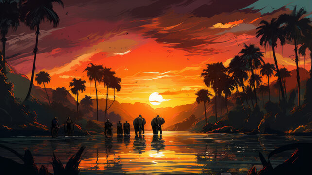 vector art of Silhouette temple sunset background. telephoto lens realistic lighting generative ai