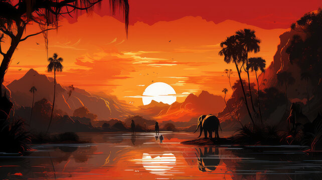 vector art of Silhouette temple sunset background. telephoto lens realistic lighting generative ai