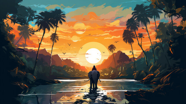 vector art of Silhouette temple sunset background. telephoto lens realistic lighting generative ai