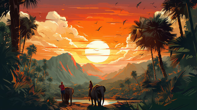vector art of Silhouette temple sunset background. telephoto lens realistic lighting generative ai
