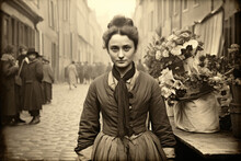 Nostalgia For Old Paris: Old Photo Of Young Pretty French Woman With Flowers, 18th Century