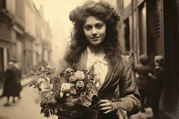 Wall Mural - Nostalgia for old Paris: Old photo of young pretty French woman with flowers, 18th century