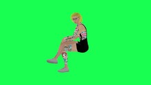Full Tattooed Blonde Woman In Glasses Sitting Talking  Front Angle  Isolated  Green Screen Character Cartoon Cute Chroma Key Animation