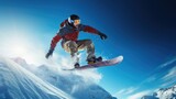 Fototapeta Tęcza - Snowboarder jumping with deep blue sky in background. Winter sport background