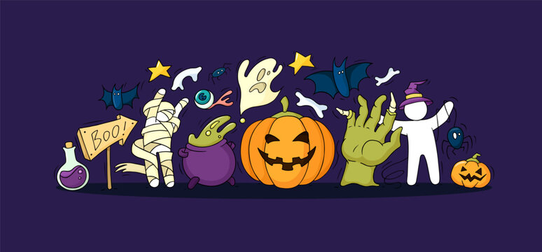 Wall Mural -  - Halloween banner with doodle pumpkin, ghosts, bats