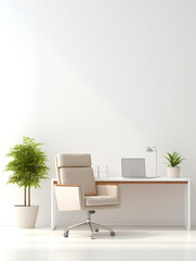 An office desk with a chair isolated on white background. Office equipment is arranged neatly on it. Minimalist style.