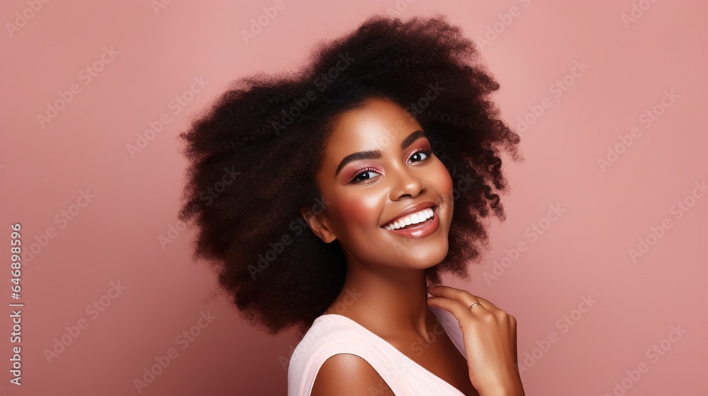 Smiling African American woman with afro hairstyle showcasing beauty, fashion, and glamour in a studio setting, highlighting her radiant skin, captivating eyes, and stylish makeup
