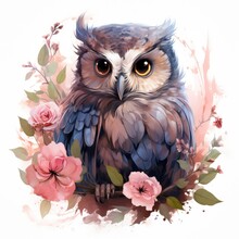 Beautiful Smiling Baby Owl With Flowers And Pastel Pink White Background