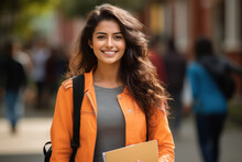 Young Girl College Student Holding Books And Backpack Standing And Giving Happy Expression