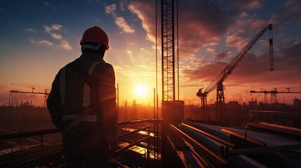 Sticker - A lone construction worker stands silhouetted against a vibrant sunset, overseeing a bustling construction site