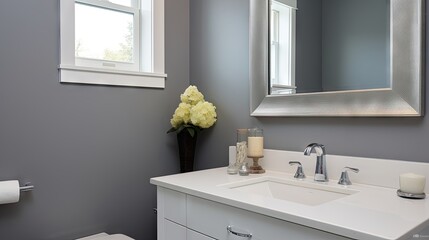 Sticker - minimalist bathroom with square mirror on grey wall, white cabinet, chrome faucet, and side view.