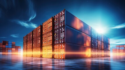 Canvas Print - Global Commerce Illuminated: A towering stack of shipping containers bathed in the warm glow of industrial lights against a twilight sky, symbolizing international trade and logistics. 