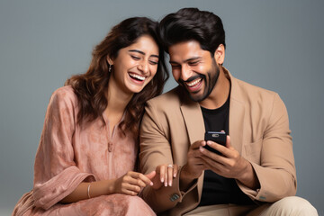 Indian couple using smartphone and laughing together