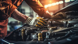 Fototapeta Tulipany - Technician automobile Hands of car mechanic working repair and Maintenance of car engine, car service and maintenance, Repair service. Generative AI