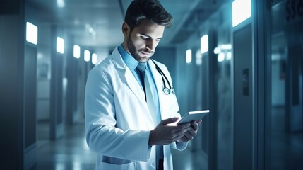 Poster - Man doctor with tablet pc in hospital. generative ai
