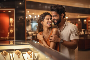 couple giving happy expression while purchasing jwellery