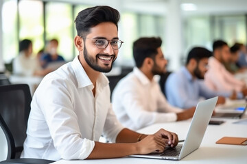 Wall Mural - Young man or corporate employee using laptop at office