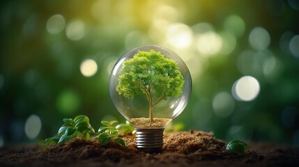 Poster - Energy from renewable sources. Environmental protection, renewable, and long-term energy sources. Green global map on a green background with a light bulb
