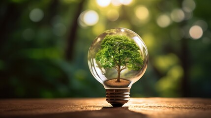Poster - Energy from renewable sources. Environmental protection, renewable, and long-term energy sources A green global map on a green background with a light bulb