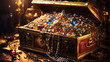 Gilded Treasure - Antique Chest Overflowing with Precious Gems and Jewels