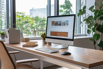 modern office interior. computer, keyboard and cup on desk