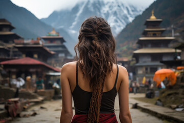 Wall Mural - back side view of young woman tourist