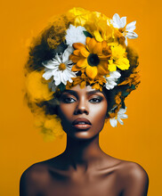 Pop Collage Illustration Of A Beautiful Female Fashion Model With Sunflowers In Her Hair, Colorful And Vibrant Floral Fashion, Pop Art