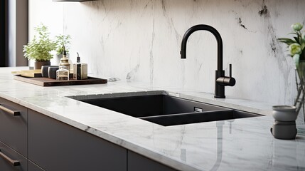 A modern kitchen concept is displayed with a beautiful marble countertop adorned by a chic black sink and accessories. .