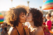 Lesbian or friends women kissing in beach bar in sunset