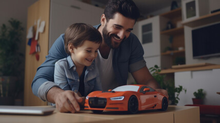 New Beginnings: Father and Son's Imaginative Adventure in a Car Amidst the Move to Their New Home.