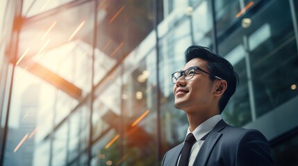 Sticker - Young asian businessman with arms crossed smiling happy at the city. generative ai