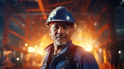 Poster - Engineer or worker in the heavy industry in a professional portrait wearing a safety uniform. Unfocused, massive industrial factory in the background with flying welding sparks. generative ai