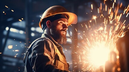 Poster - Professional Heavy Industry Engineer Working at a Steel Factory While Wearing a Uniform and Hard Hat.  Standing inside a factory that makes metal construction, an industrial specialist. generative ai