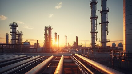 Canvas Print - oil refinery plant at sunset. generative ai