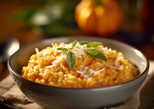 Vegan Pumpkin Risotto Rice On Table.Macro.AI Generative