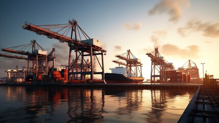 Poster - Cargo ship at port with cranes loading and unloading containers