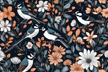 Seamless Floral Pattern With Bird Titmouse. Vector Illustration.